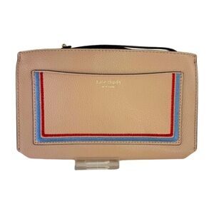 Kate Spade Leather Wristlet Ribbon Trim Light Taupe Blue Red Detail
